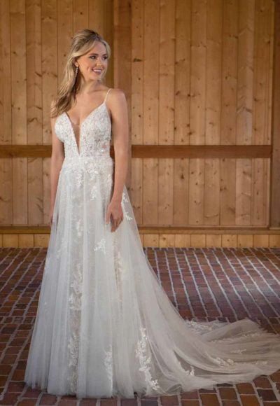 Spaghetti Strap Lace A-line Wedding Dress With V-neckline by Essense of Australia