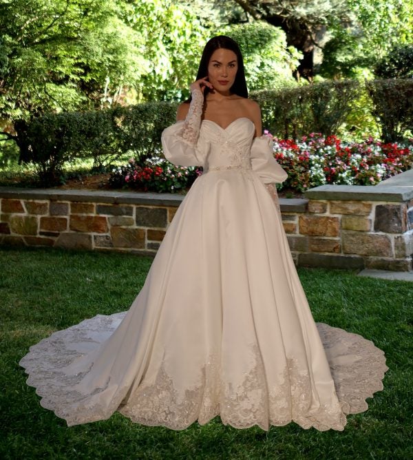 Strapless Silk Ballgown Wedding Dress With Beaded Lace by Eve of Milady - Image 1