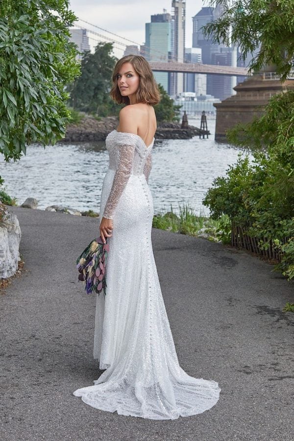 Long Sleeve Off The Shoulder Sheath Wedding Dress With Sequined Tulle by Madison James - Image 2