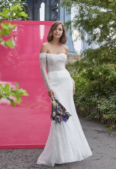 Long Sleeve Off The Shoulder Sheath Wedding Dress With Sequined Tulle by Madison James