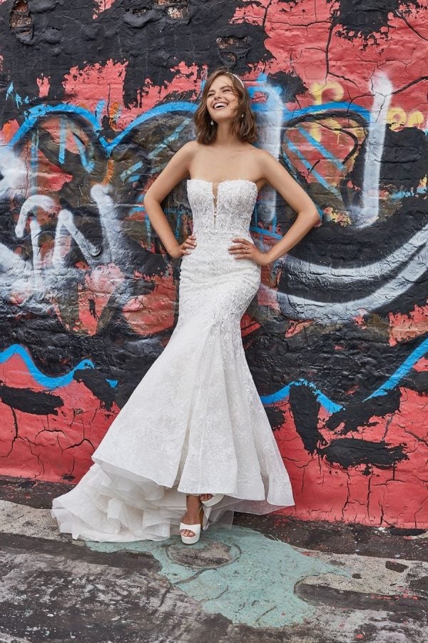 Strapless Fit And Flare Wedding Dress With Beaded Lace Throughout by Madison James - Image 1