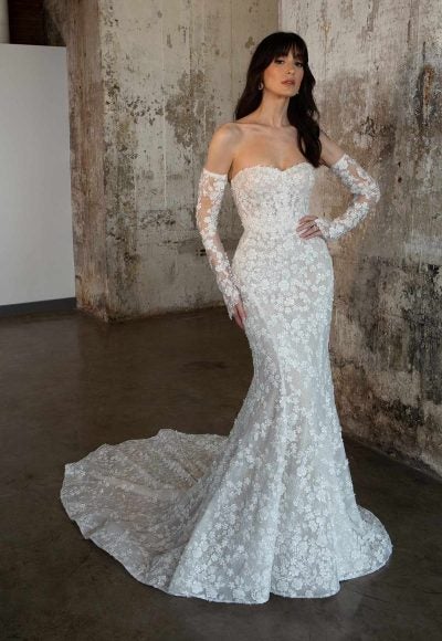 Strapless 3D Floral Fit And Flare Wedding Dress With Detachable Sleeves by Martina Liana Luxe