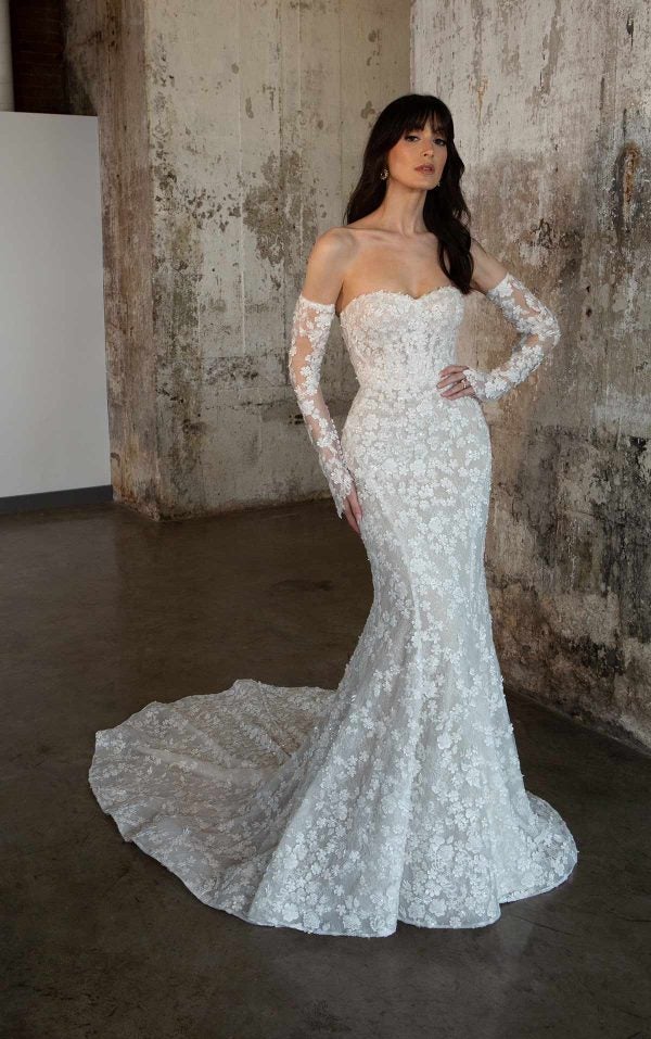 Strapless 3D Floral Fit And Flare Wedding Dress With Detachable Sleeves. by Martina Liana Luxe - Image 1