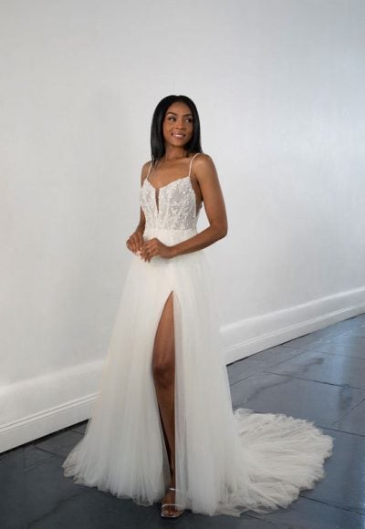 Spaghetti Strap A-line Wedding Dress With Lace Bodice And Tulle Skirt by Martina Liana