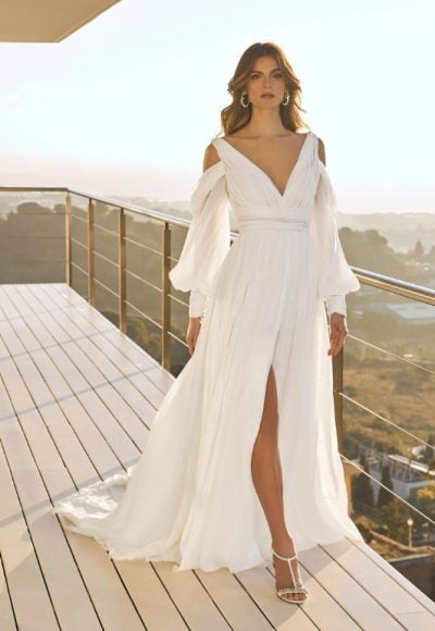 Flared Wedding Dress With V-neck And Long Sleeves by Pronovias