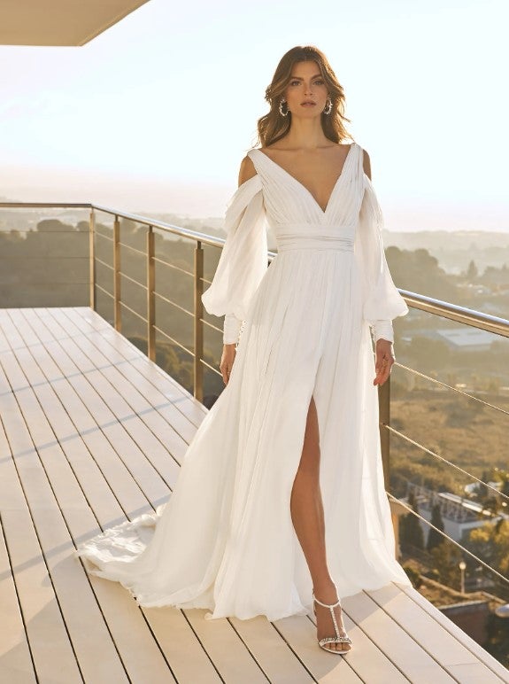 Flared Wedding Dress With V-neck And Long Sleeves by Pronovias - Image 1