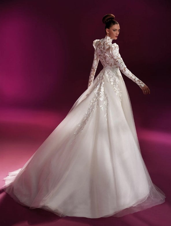 High Neck Lace Long Sleeve Ball Gown Wedding Dress With Tulle Skirt by Pronovias - Image 2