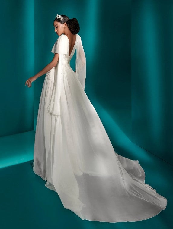 Short Sleeve V-neckline A-line Silk Wedding Dress by Pronovias - Image 2