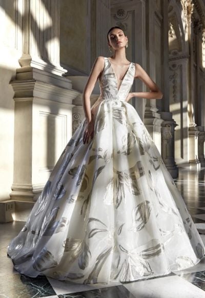Sleeveless V-neckline Ball Gown Wedding Dress With Back Bow by Pronovias