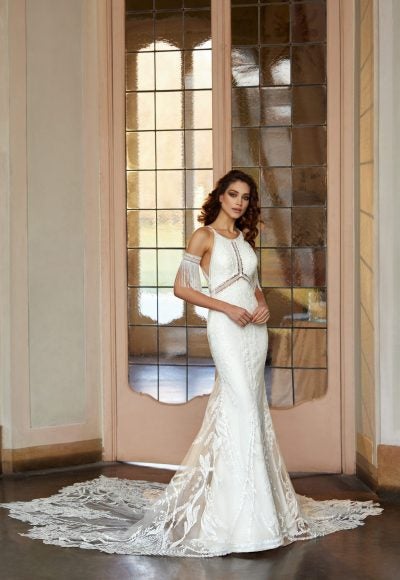 Fit And Flare Lace Wedding Dress With Detachable Arm Bands by Randy Fenoli