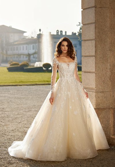 Lace And Glitter Ball Gown Wedding Dress With Straight Neckline And Detachable Long Sleeves by Randy Fenoli