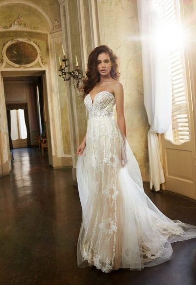 Strapless A-line Wedding Dress With Beaded Lace Bodice by Randy Fenoli