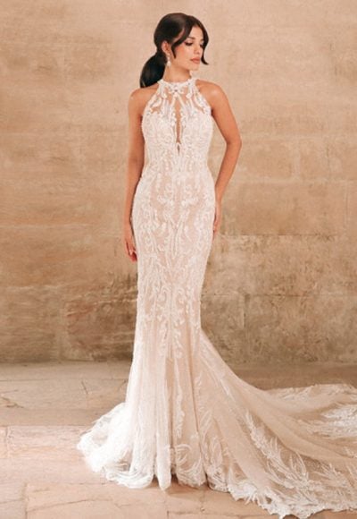 Beaded Sheath Wedding Dress With Halter Neckline And Open Back by Disney Fairy Tale Weddings Platinum Collection