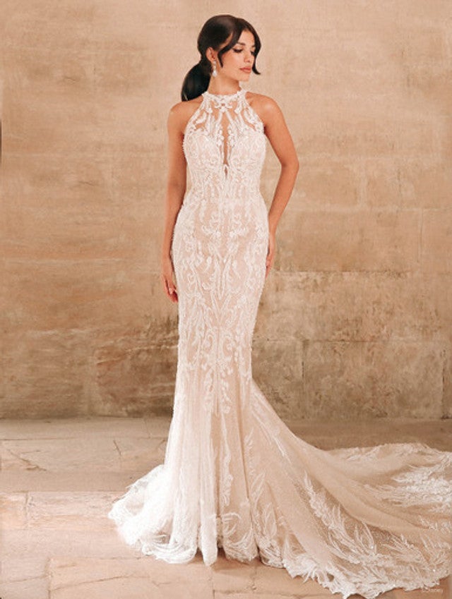 Beaded Sheath Wedding Dress With Halter Neckline And Open Back