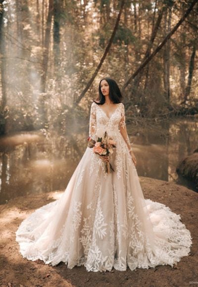 Long Sleeve A-line Wedidng Dress With Leaf Embroidery And Illusion Back Details by Disney Fairy Tale Weddings Platinum Collection