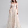 Off The Shoulder Sheath Wedding Dress With Detachable Overskirt by Disney Fairy Tale Weddings Platinum Collection - Image 1