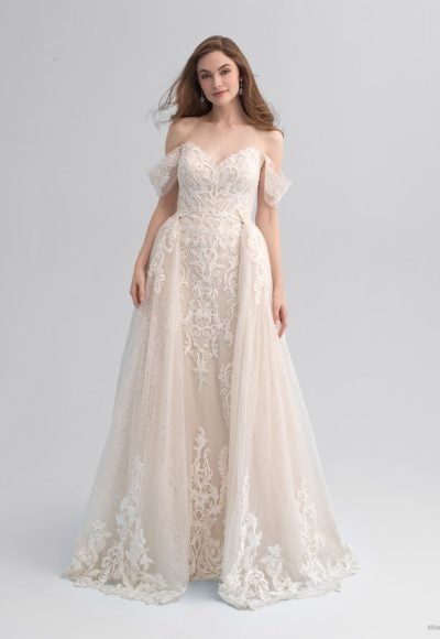 Off The Shoulder Sheath Wedding Dress With Detachable Overskirt by Disney Fairy Tale Weddings Platinum Collection