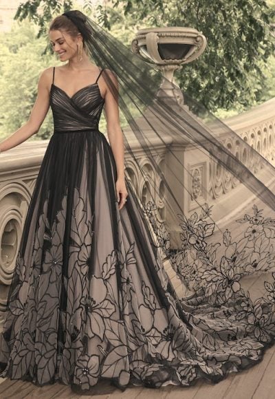 Black Floral A-line Wedding Dress With V-neckline And Spaghetti Straps by Maggie Sottero