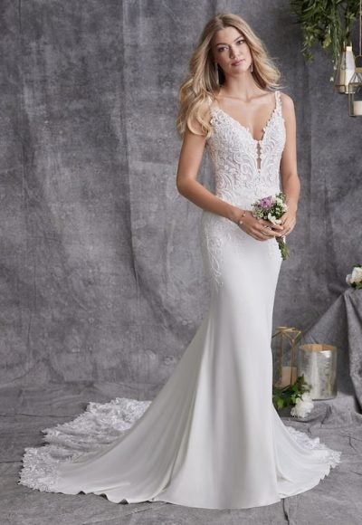 Sleeveless Sheath Wedding Dress With Lace Bodice And Train by Maggie Sottero