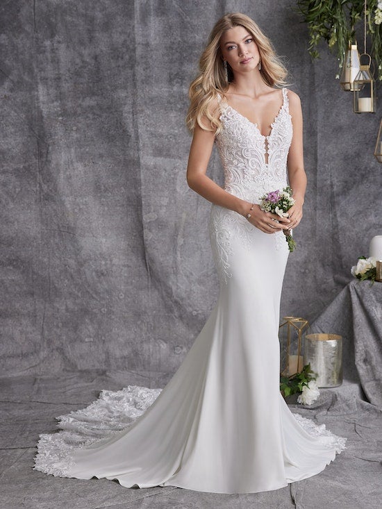 Sleeveless Sheath Wedding Dress With Lace Bodice And Train by Maggie Sottero - Image 1