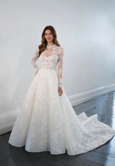 Long Sleeve A-line Wedding Dress With 3D Floral Embroidery by Martina Liana