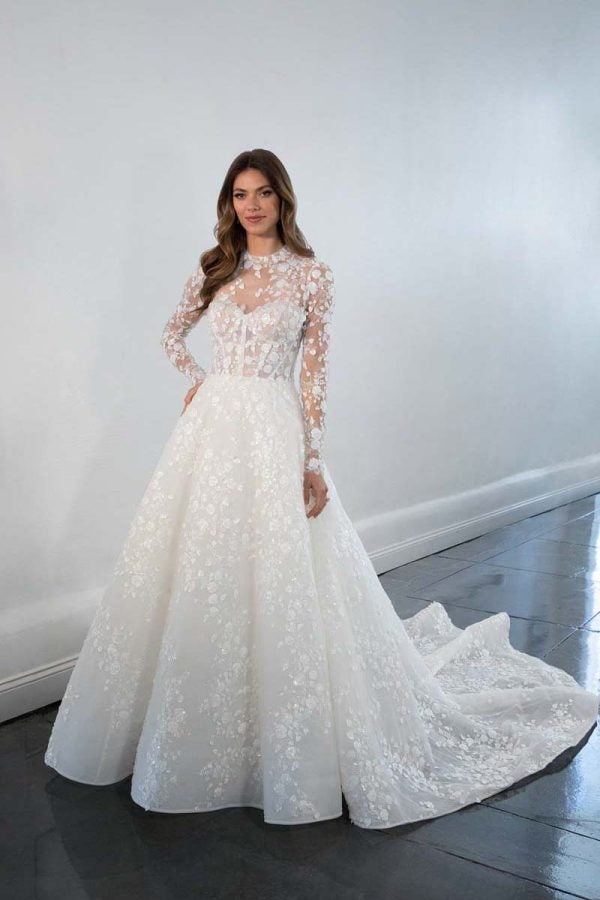 Long Sleeve Aline Wedding Dress With 3D Floral Embroidery  Kleinfeld  Bridal