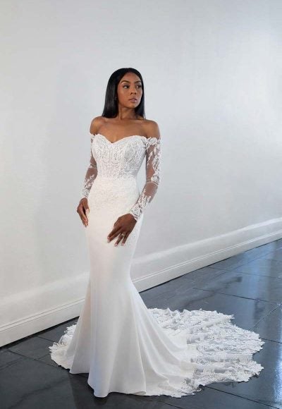 Long Sleeve Off The Shoulder Sheath Wedding Dress With Lace Bodice And Train by Martina Liana