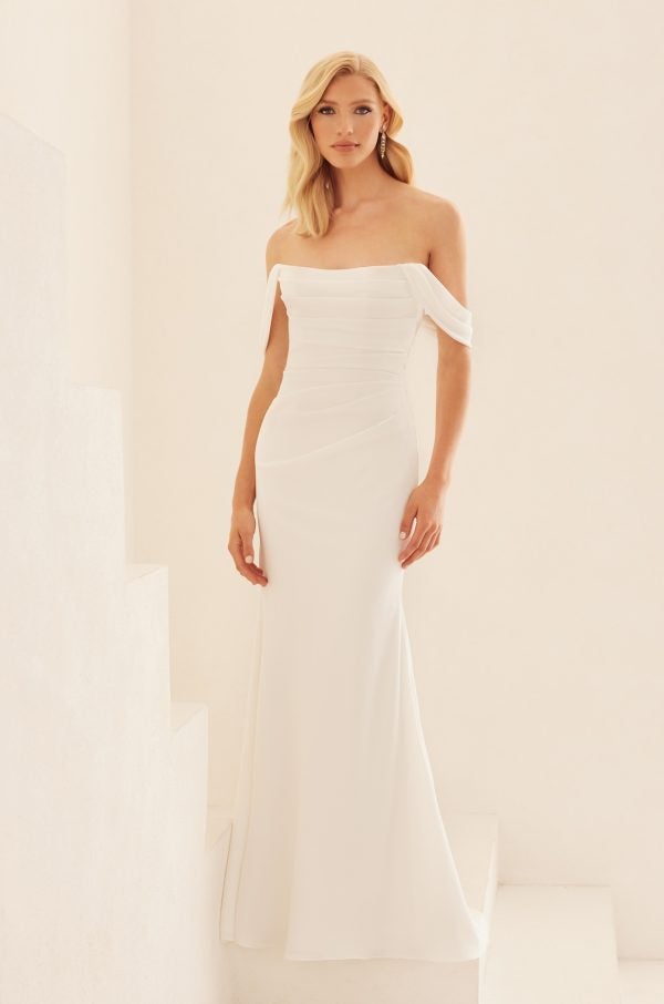 Crepe Fit And Flare Wedding Dress With Detachable Off The Shoulder Sleeves by Mikaella - Image 1