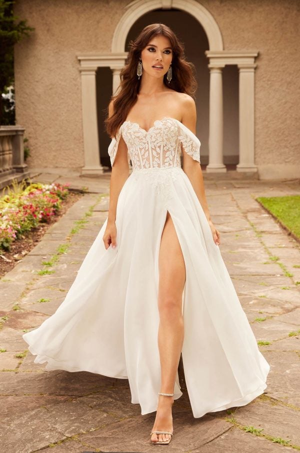 A-line Wedding Dress With Lace Bodice And Detachable Off The Shoulder Sleeves by Paloma Blanca - Image 1