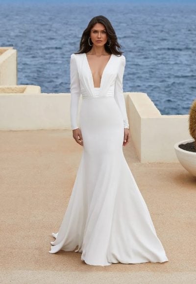 Long Sleeve Mermaid Wedding Dress With Deep V-neckline by Pronovias