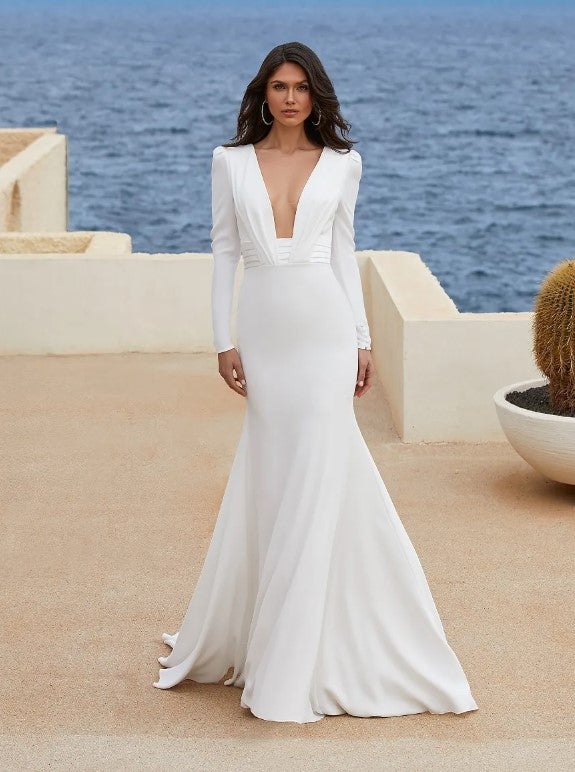 Long Sleeve Mermaid Wedding Dress With Deep V-neckline by Pronovias - Image 1