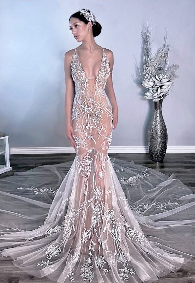 Fit And Flare Wedding Dress With Spaghetti Straps by Vanessa Alfaro