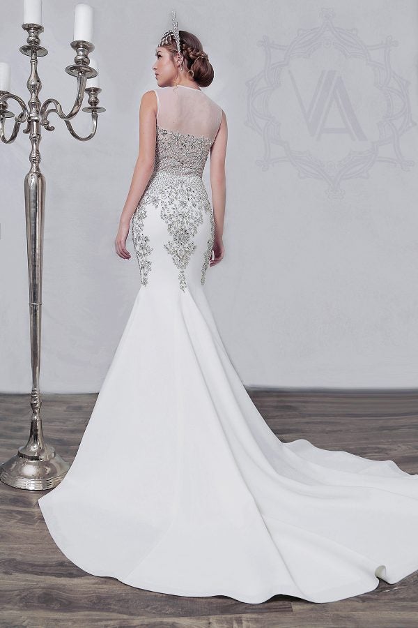 Sleeveless High Neckline Satin Fit And Flare Beaded Wedding Dress With Illusion by Vanessa Alfaro - Image 2