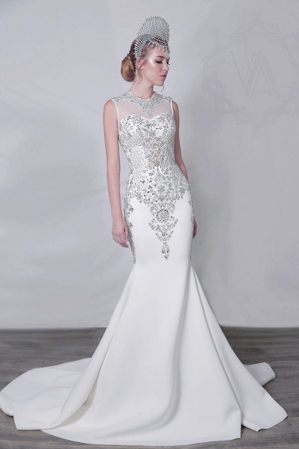 Sleeveless High Neckline Satin Fit And Flare Beaded Wedding Dress With Illusion by Vanessa Alfaro - Image 1