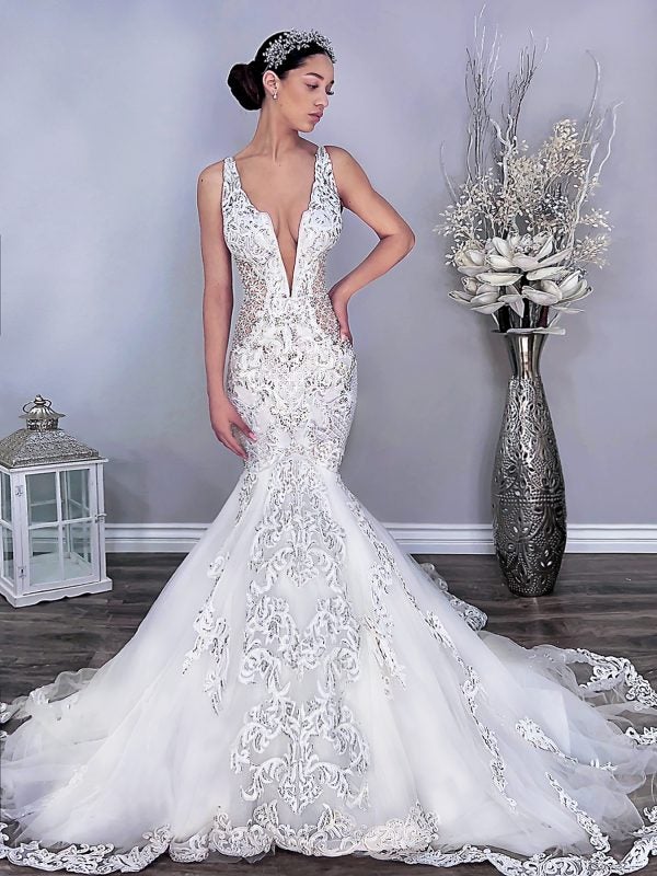Sleeveless Lace Fit And Flare Wedding Dress With V-neckline by Vanessa Alfaro - Image 1