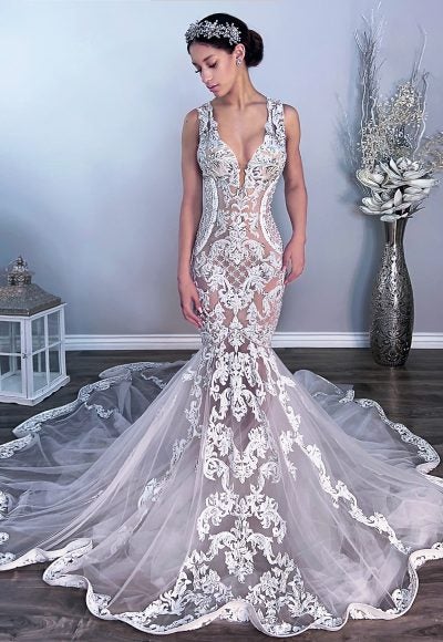 Sleeveless Lace Fit And Flare Wedding Dress With V-neckline by Vanessa Alfaro