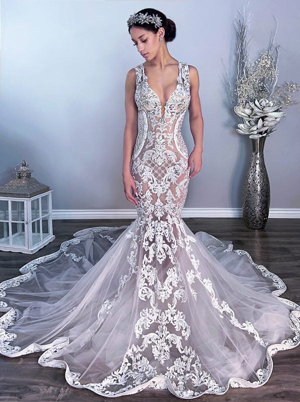 Sleeveless Lace Fit And Flare Wedding Dress With V-neckline by Vanessa Alfaro - Image 1