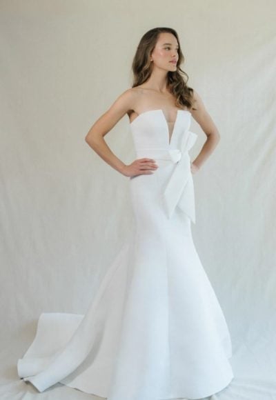 Strapless Fit And Flare Wedding Dress With V-neckline And Detachable Bow by Anne Barge