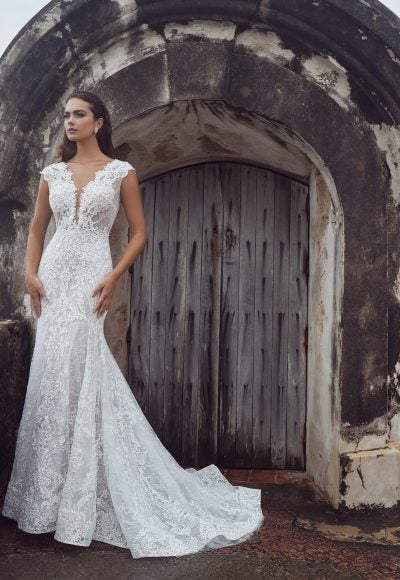 Lace Fit And Flare Wedding Dress With Cap Sleeves And Open Back by Calla Blanche