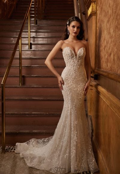 Strapless Beaded Lace Fit And Flare Wedding Dress With Sweetheart Neckline by Calla Blanche