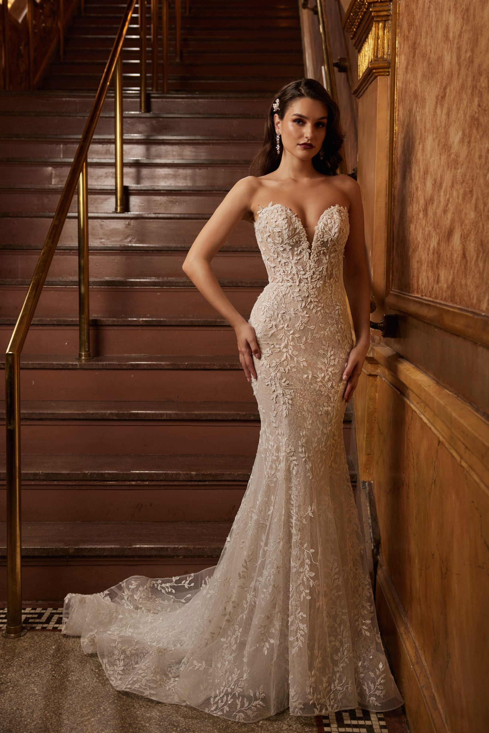 Graphic Beaded Lace Fit and Flare Wedding Gown