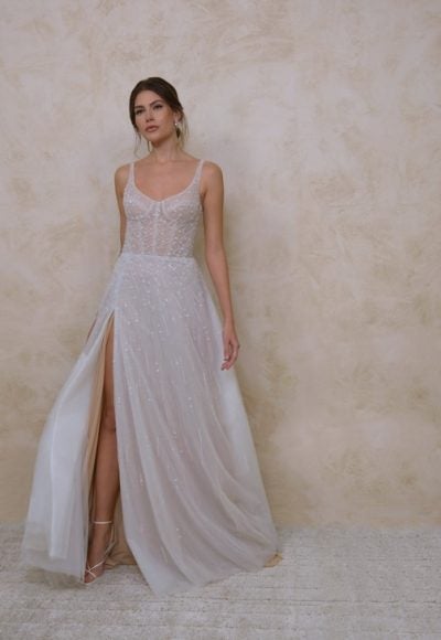 Sleeveless Beaded A-line Wedding Dress With Front Slit by Enaura Bridal