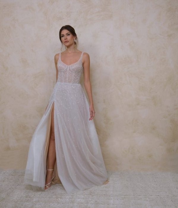 Sleeveless Beaded A-line Wedding Dress With Front Slit by Enaura Bridal - Image 1