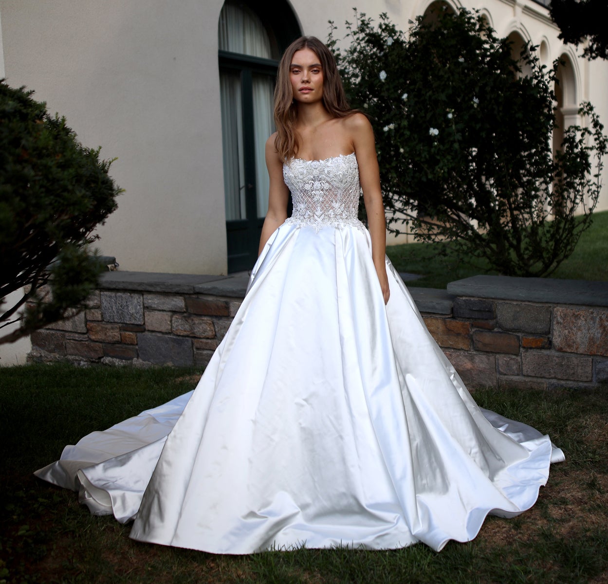 Strapless Ball Gown Wedding Dress With A Corset Bodice, Front Slit