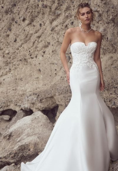 Strapless Fit And Flare Wedding Dress With Beaded Lace Bodice by Maggie Sottero