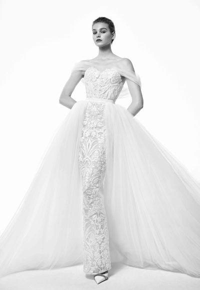 Beaded Lace Fit And Flare Wedding Dress With Detachable Overskirt by Nicole + Felicia