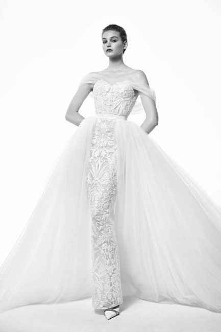 Beaded Lace Fit And Flare Wedding Dress With Detachable Overskirt ...