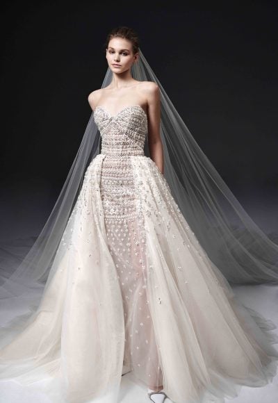 Beaded Strapless Fit And Flare Wedding Dress With Detachable Overskirt by Nicole + Felicia