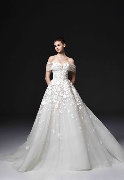 Strapless Ball Gown Wedding Dress With Floral Lace by Nicole + Felicia