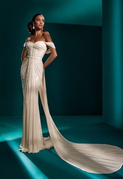 Gold Mermaid Wedding Dress With Pleated Bodice And Detachable Train by Pronovias